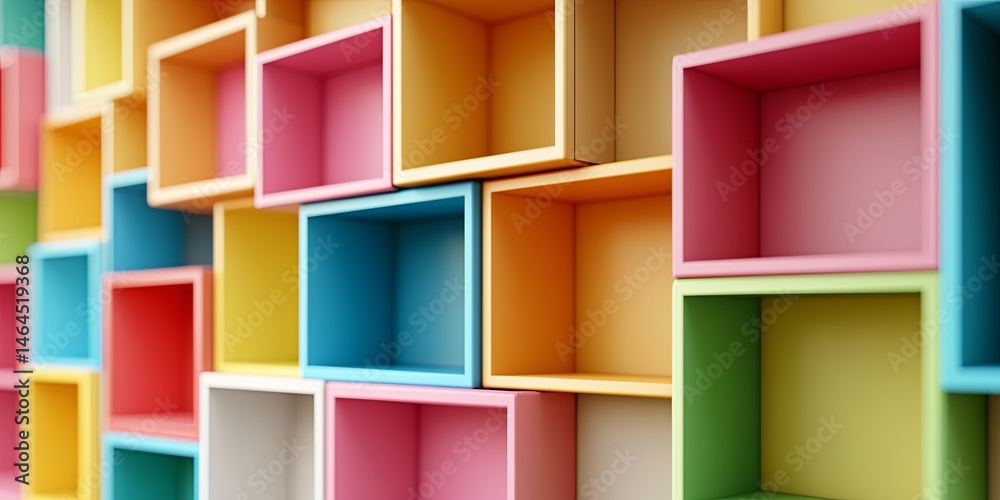 Aufkleber Vibrant Colors of Shelves with Boxes and Abstract Shapes in a Modern Library or Storage Space