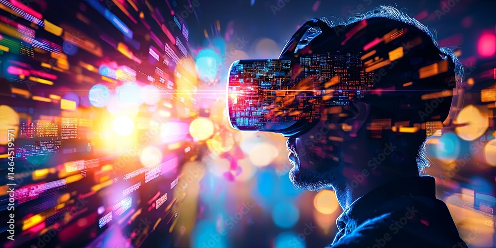 Poster Silhouette of a person wearing virtual reality headset surrounded by colorful digital graphics and glowing data streams in a futuristic space