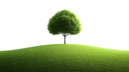 Lush Green Hill with a Majestic Tree on a Clear Background: Nature's Serenity Unveiled