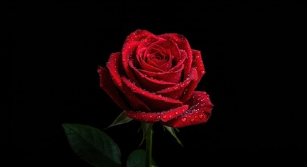 Red rose isolated on a black background, showcasing its vibrant petals and elegant shape in dramatic contrast.

