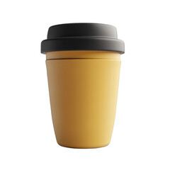 A yellow disposable coffee cup with a black lid a simple design