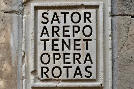 Highly detailed ancient Sator Square engraved on weathered stone surface with symmetrical Latin inscription surrounded aged texture and natural patina evoking mystery history and spiritual symbolism