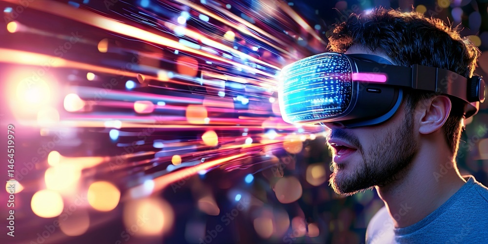 Poster Man Wearing Virtual Reality Headset in a Colorful and Dynamic Digital Environment with Abstract Light Trails and Motion Blur Effects