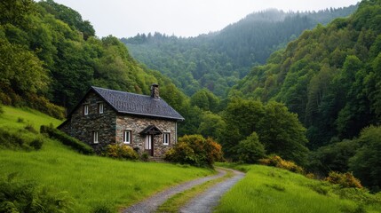 Scenic stone cottage nestled in lush green valley surrounded by mountains and trees
