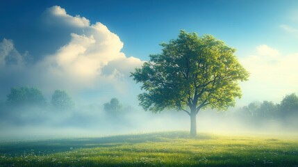 Misty morning landscape with a solitary tree
