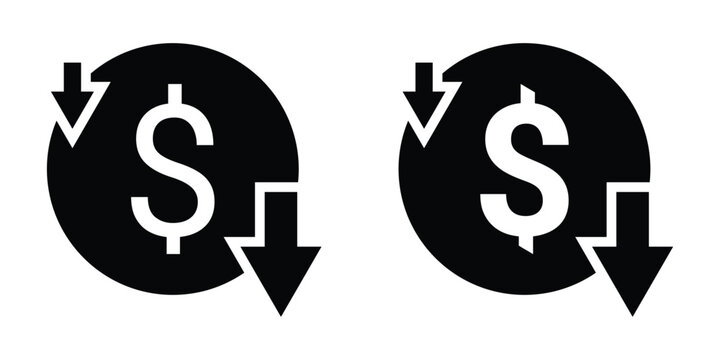 Cost reduction icon vector. Dollar sign with downward arrow to symbolize falling costs or discounts. EPS 10 editable vector strokes