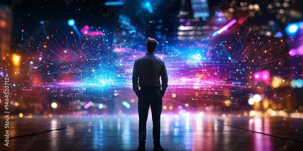 Poster businessman staring at cosmic digital universe with glowing stars and network connections in a futur