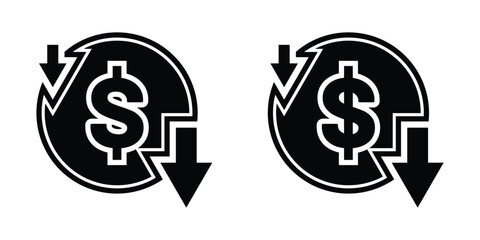 Flat design icon representing cost reduction with a downward arrow and dollar symbol. Cost reduction, decrease, cut costs, down arrow, cost control, cost cutting