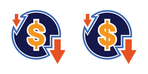 Flat design icon representing cost reduction with a downward arrow and dollar symbol. Cost reduction, decrease, cut costs, down arrow, cost control, cost cutting