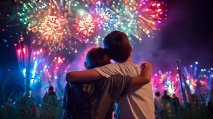 Fototapeta premium A couple is hugging each other while watching fireworks. The fireworks are colorful and bright