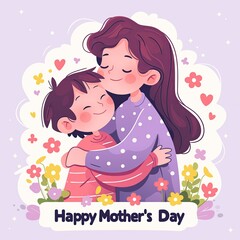 Mother lovingly hugs her child with sweet smiles on pastel purple background, surrounded by flowers and Happy Mother's Day text in soft and simple flat cartoon vector clipart style.
