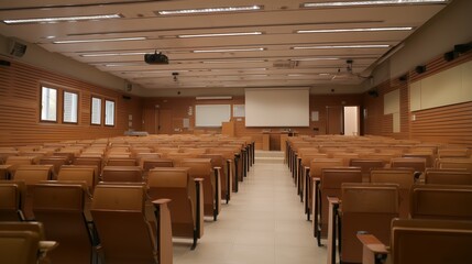 A large auditorium with rows of chairs and a projector screen. The room is empty