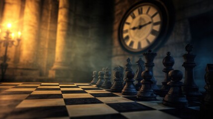 A dramatic chessboard scene in a dimly lit room with an antique clock and candlelight ambiance