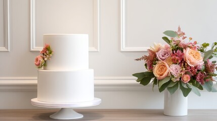Elegant two-tier wedding cake adorned with fresh flowers beside a stylish floral arrangement