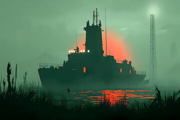 Dark ship silhouette at sunset misty water calm sea