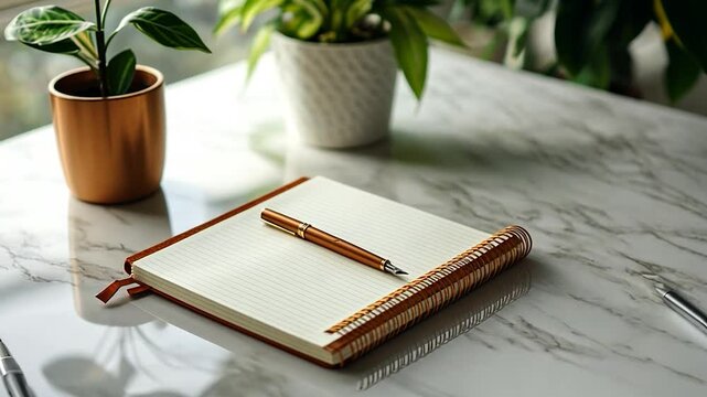 A blank notebook with a pen rests on a marble table, flanked by potted plants. Natural light illuminates the scene, creating soft shadows. The overall aesthetic is minimalist and serene
