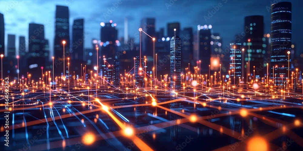 Aufkleber A Futuristic Cityscape at Night with Glowing Data Points and Digital Connection Lines Representing Advanced Technology and Smart Networking