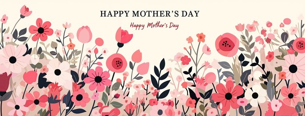 Elegant Mother’s Day banner in flat vector style with pink floral background, soft pastel colors, white and brown tones, and copy space for festive message on the right