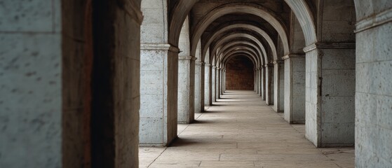 Obraz premium A serene stone corridor stretches endlessly, inviting exploration with its rhythmic arches and gentle play of light and shadow.