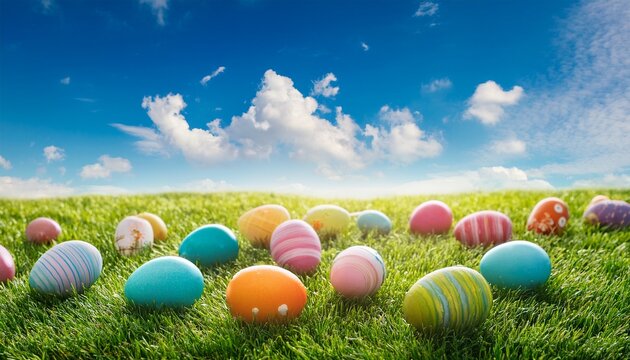 colorful easter eggs scattered across lush green grass under bright blue sky with fluffy clouds in vibrant cheerful spring landscape background