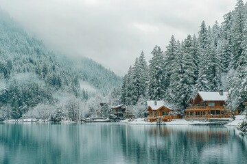 Snowy winter lakefront cabins nestled in a misty mountain valley
