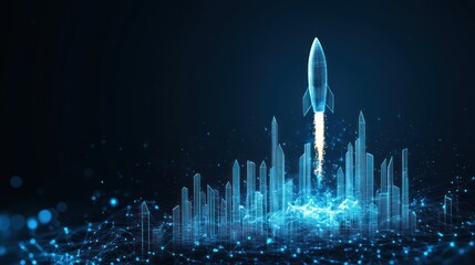 Futuristic rocket launching over cityscape digital art