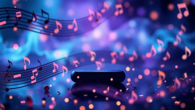 Schwebende Musiknoten auf violett-blauem Hintergrund mit Lichteffekten &ndash; ideal f&uuml;r Musik, Events oder kreative Medien.