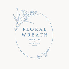 Floral vector oval frame. Hand drawn elegant flower line art. Wild and garden flowers, branches, leaves. Vector illustration for wedding invitation, save the date card, logo, tattoo, branding