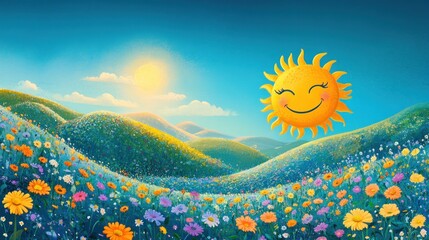 Happy sun smiling over a vibrant flower field with rolling hills.