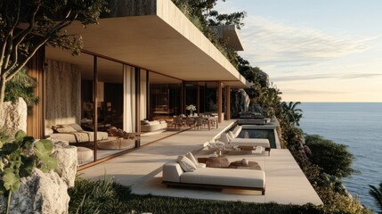 Fototapeta premium Elegant luxury house located on a cliff, with beautiful sea views. background wallpaper AI generated image