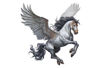 Fototapeta premium Majestic White Pegasus Horse with Large Wings Soaring in Flight Mythological Creature Fantasy Art