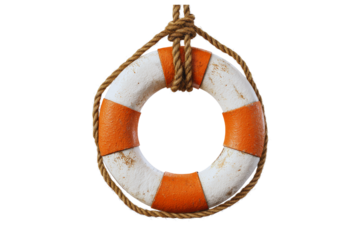 Rustic Orange and White Lifebuoy Hanging by Rope Nautical Decor Safety Equipment