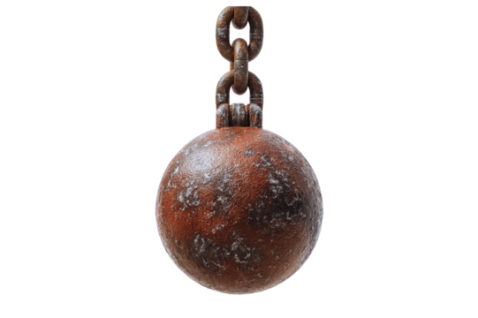 Rusty wrecking ball hanging from a heavy metal chain isolated transparent background - Powered by Adobe
