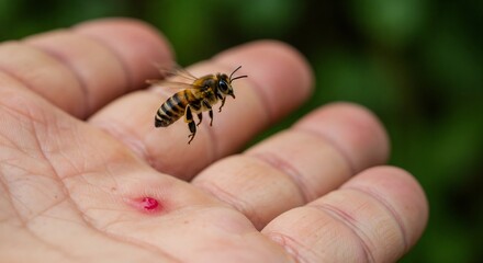 Fototapeta premium Bee flying above swollen hand after sting 