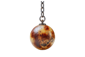 Rusty wrecking ball hanging on a metal chain against a transparent background a detailed close up image