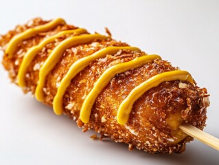 Crispy golden corndog delight food festival gourmet snack vibrant setting close-up view culinary indulgence