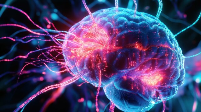 The brain of the digital machine, with sophisticated circuitry and neon-glowing fiber optic cables. background wallpaper AI generated image