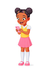 Cute young African American girl excitedly staring at her cell phone. Cartoon vector illustration.