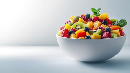 Freshly prepared fruit salad bowl with assorted fruits on bright white backdrop for healthy eating