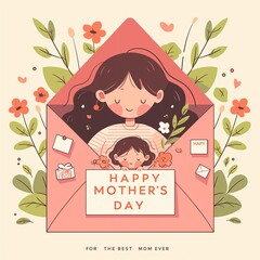 Cute flat design illustration of mother and child inside floral envelope with “Happy Mother's Day” and “To the best mom ever” message in soft pastel vector style
