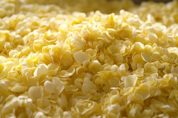 Close-up view of a pile of small, light yellow food pieces.