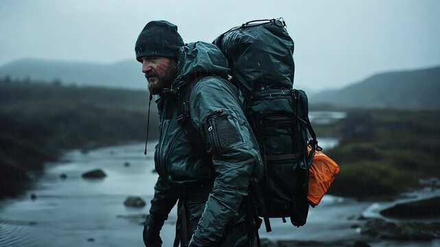 A man in a dark waterproof jacket and backpack hikes through a misty, mountainous landscape. Rain or snow falls, and a stream is visible in the foreground. The scene is moody and atmospheric