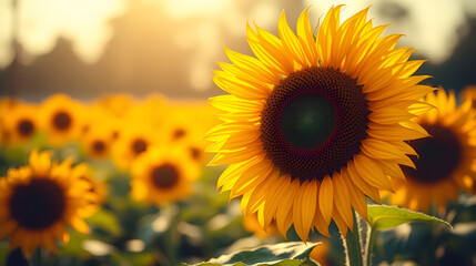 Obraz premium Sunflower on blurred sunny nature background. Horizontal agriculture summer banner with sunflowers field