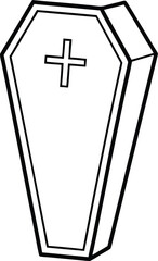 Simple Black Outline Coffin with Cross Halloween Line Art