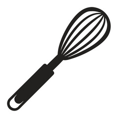 A black whisk with handle is presented on a white background