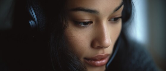 A focused woman with headphones is lost in the rhythm of sound, embodying a serene connection between music and emotion.