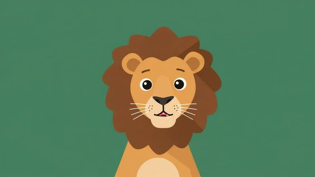 Adorable Cartoon Lion,  Green Background,  Flat Design Illustration
