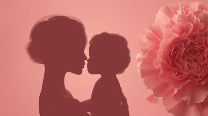 Heartwarming Mother’s Day card design featuring mother and daughter silhouette with vibrant carnations on pastel pink background, expressing family love and joy