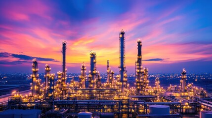 Obraz premium Industrial refinery complex at twilight aerial view