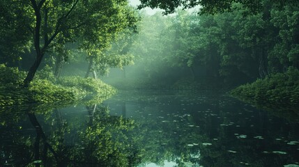 Fototapeta premium Serene misty forest reflecting on a calm pond.